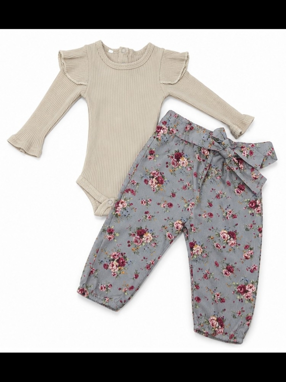 2 Piece Beige Ribbed Ruffle Bodysuit & Floral Gray Pants Set - Size 70/US 6-9M